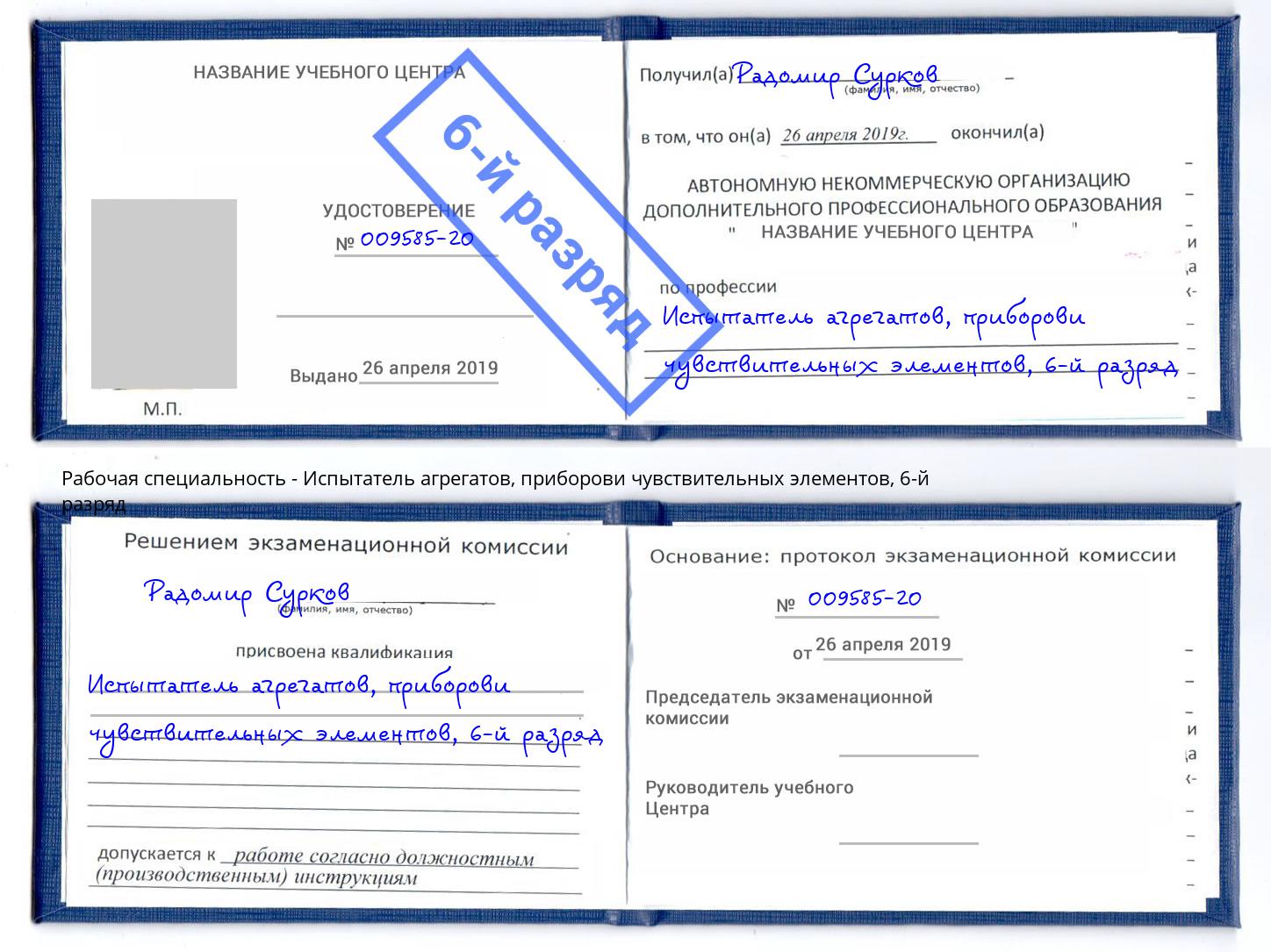 корочка 6-й разряд Испытатель агрегатов, приборови чувствительных элементов Архангельск
